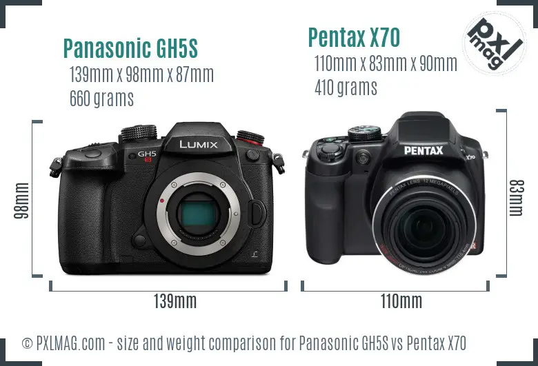 Panasonic GH5S vs Pentax X70 size comparison