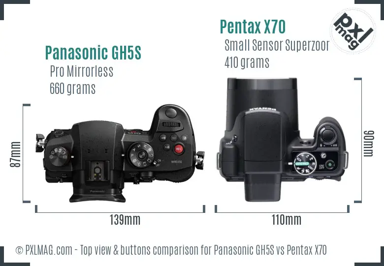 Panasonic GH5S vs Pentax X70 top view buttons comparison