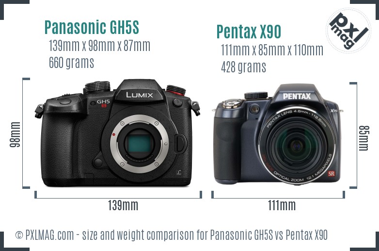 Panasonic GH5S vs Pentax X90 size comparison