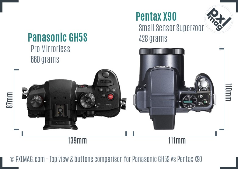 Panasonic GH5S vs Pentax X90 top view buttons comparison