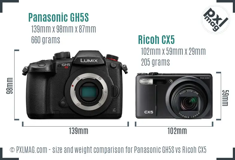 Panasonic GH5S vs Ricoh CX5 size comparison