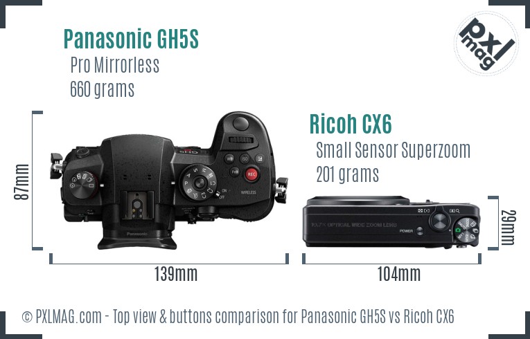 Panasonic GH5S vs Ricoh CX6 top view buttons comparison