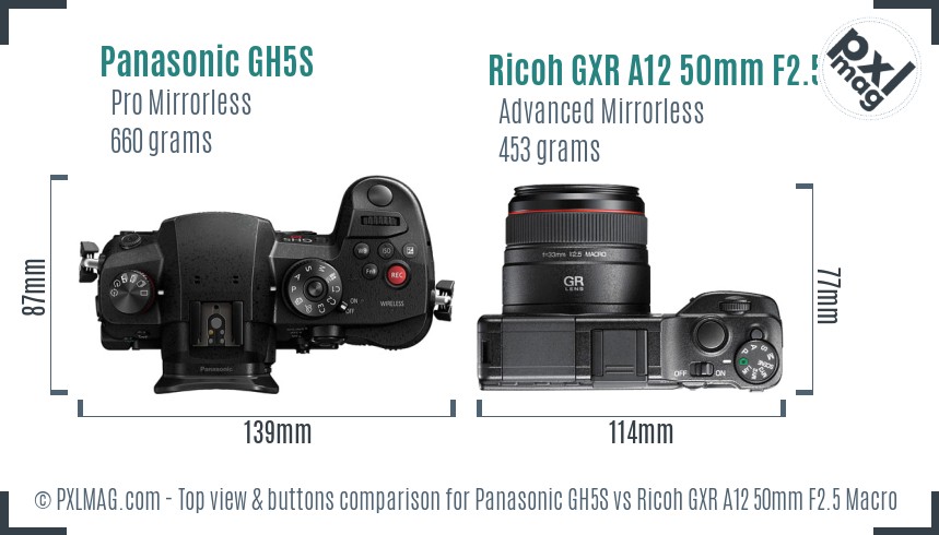 Panasonic GH5S vs Ricoh GXR A12 50mm F2.5 Macro top view buttons comparison