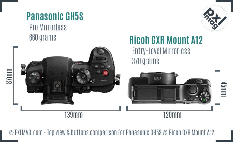 Panasonic GH5S vs Ricoh GXR Mount A12 top view buttons comparison