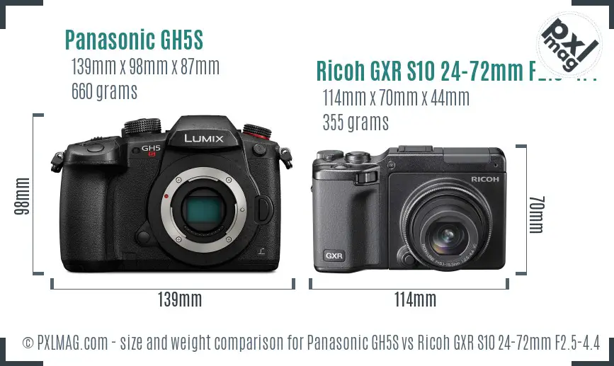 Panasonic GH5S vs Ricoh GXR S10 24-72mm F2.5-4.4 VC size comparison Panasonic GH5S vs Ricoh GXR S10 24-72mm F2.5-4.4 VC size comparison