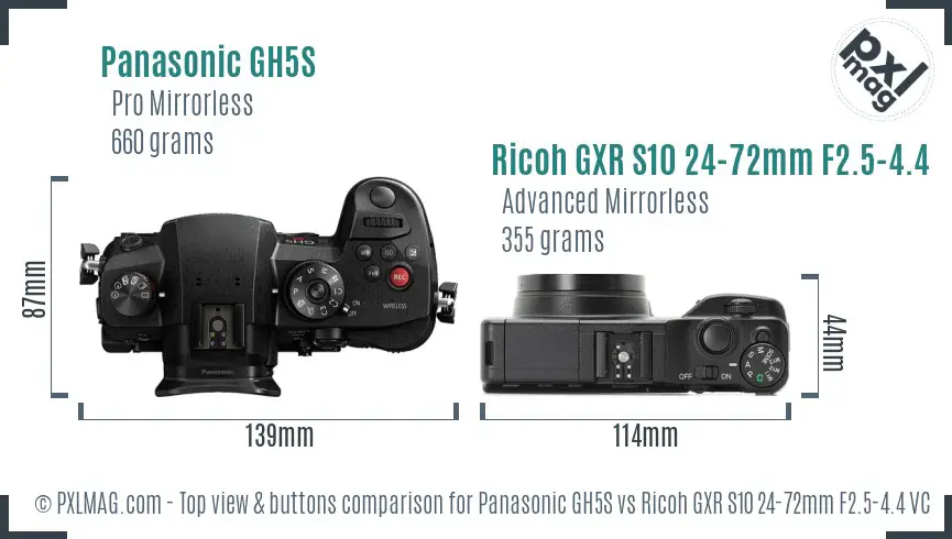 Panasonic GH5S vs Ricoh GXR S10 24-72mm F2.5-4.4 VC top view buttons comparison Panasonic GH5S vs Ricoh GXR S10 24-72mm F2.5-4.4 VC top view buttons comparison