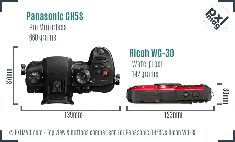 Panasonic GH5S vs Ricoh WG-30 top view buttons comparison Panasonic GH5S vs Ricoh WG-30 top view buttons comparison