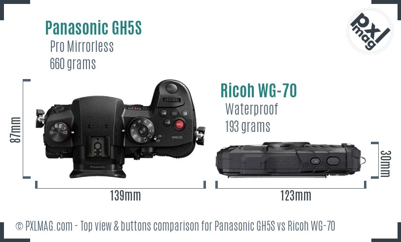 Panasonic GH5S vs Ricoh WG-70 top view buttons comparison