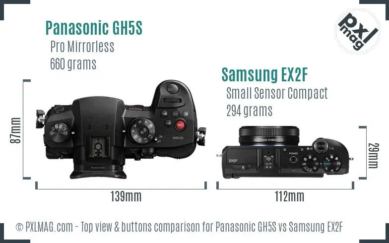 Panasonic GH5S vs Samsung EX2F top view buttons comparison