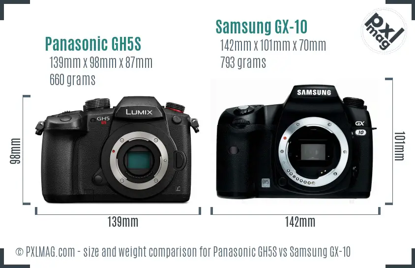 Panasonic GH5S vs Samsung GX-10 size comparison