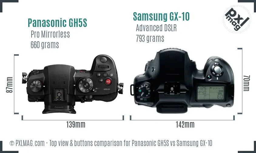 Panasonic GH5S vs Samsung GX-10 top view buttons comparison