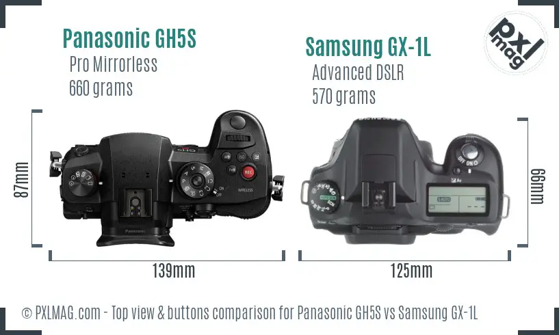 Panasonic GH5S vs Samsung GX-1L top view buttons comparison Panasonic GH5S vs Samsung GX-1L top view buttons comparison