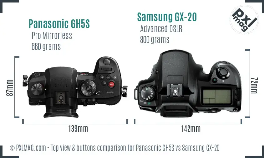 Panasonic GH5S vs Samsung GX-20 top view buttons comparison