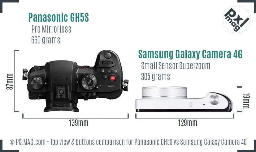 Panasonic GH5S vs Samsung Galaxy Camera 4G top view buttons comparison