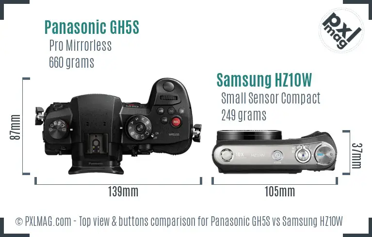 Panasonic GH5S vs Samsung HZ10W top view buttons comparison Panasonic GH5S vs Samsung HZ10W top view buttons comparison