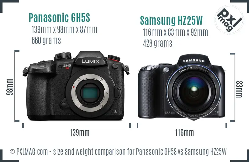 Panasonic GH5S vs Samsung HZ25W size comparison