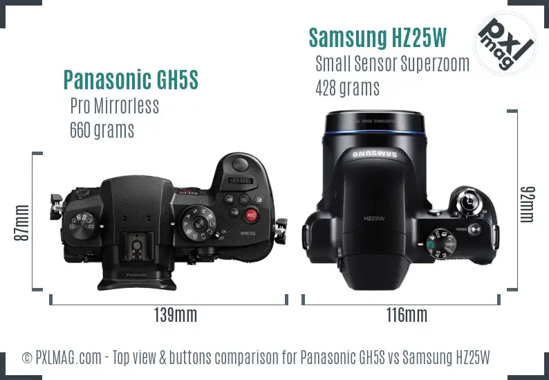 Panasonic GH5S vs Samsung HZ25W top view buttons comparison