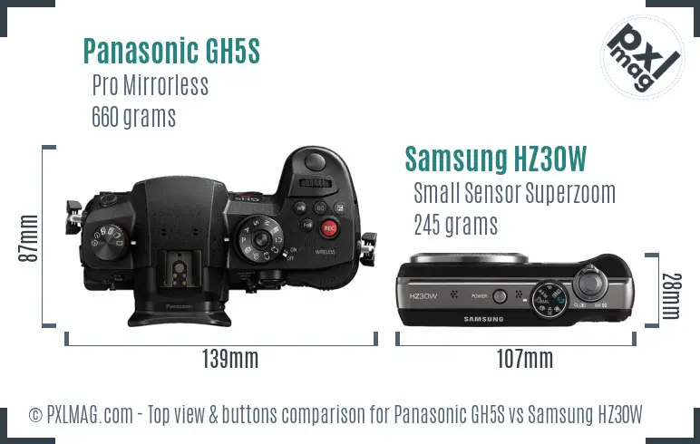 Panasonic GH5S vs Samsung HZ30W top view buttons comparison