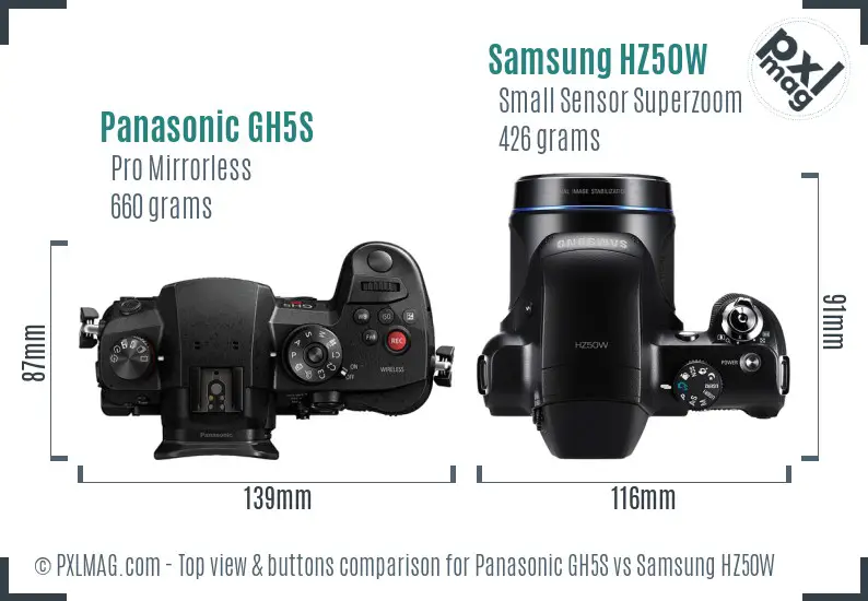 Panasonic GH5S vs Samsung HZ50W top view buttons comparison