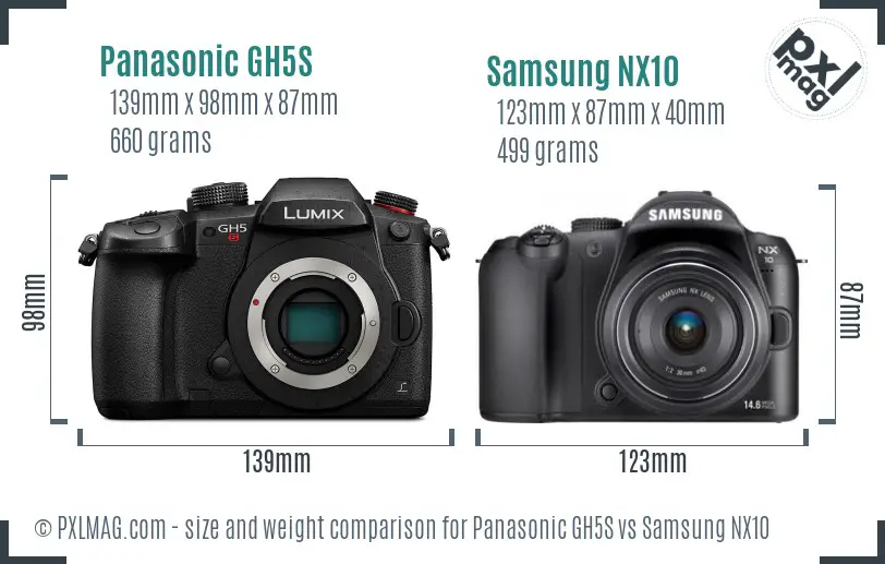 Panasonic GH5S vs Samsung NX10 size comparison