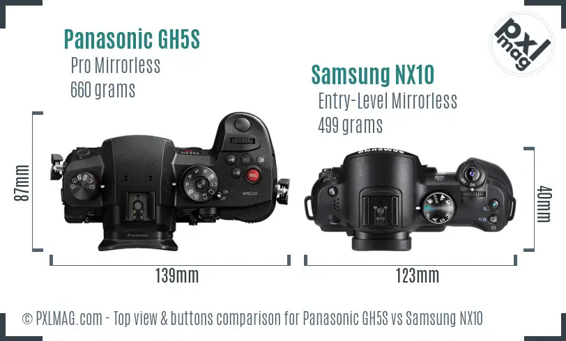 Panasonic GH5S vs Samsung NX10 top view buttons comparison