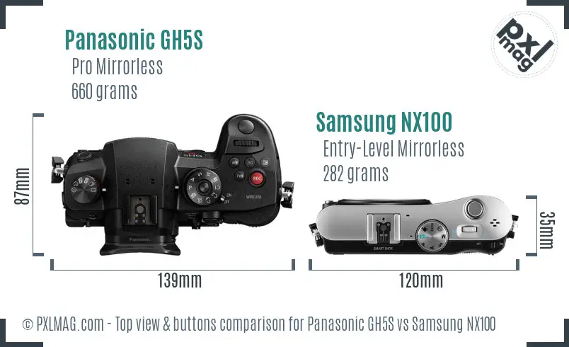 Panasonic GH5S vs Samsung NX100 top view buttons comparison