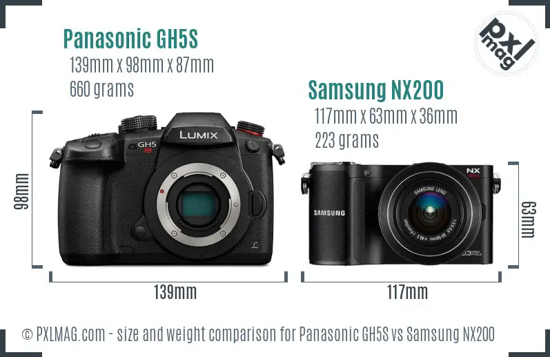 Panasonic GH5S vs Samsung NX200 size comparison