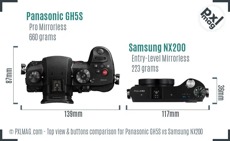 Panasonic GH5S vs Samsung NX200 top view buttons comparison