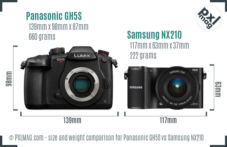 Panasonic GH5S vs Samsung NX210 size comparison