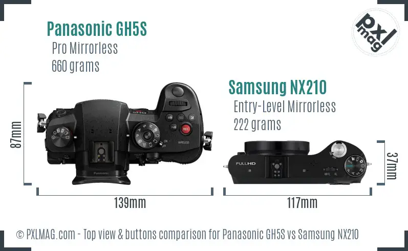 Panasonic GH5S vs Samsung NX210 top view buttons comparison