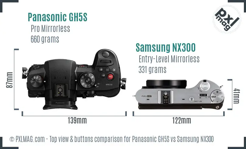 Panasonic GH5S vs Samsung NX300 top view buttons comparison Panasonic GH5S vs Samsung NX300 top view buttons comparison