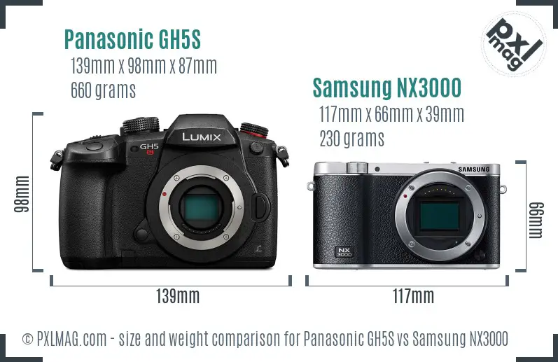 Panasonic GH5S vs Samsung NX3000 size comparison