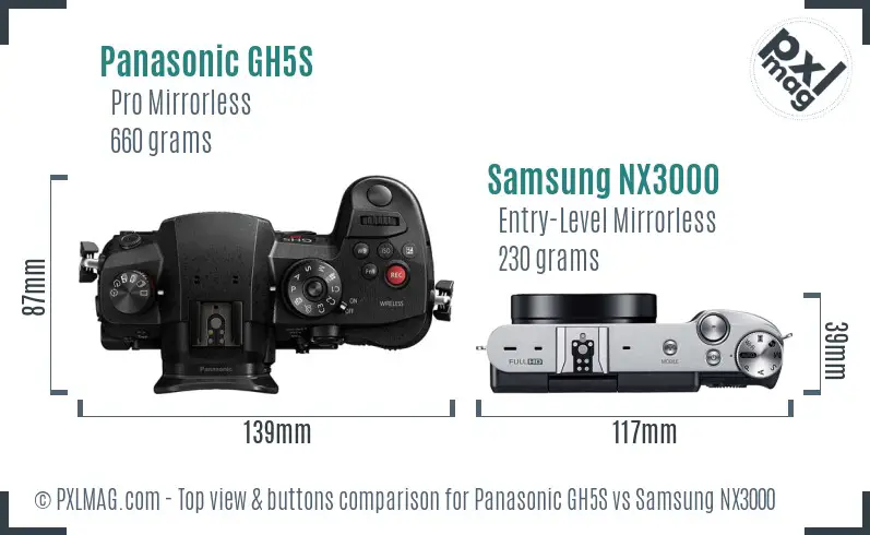 Panasonic GH5S vs Samsung NX3000 top view buttons comparison