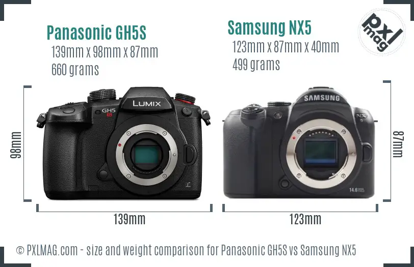 Panasonic GH5S vs Samsung NX5 size comparison