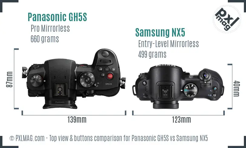 Panasonic GH5S vs Samsung NX5 top view buttons comparison