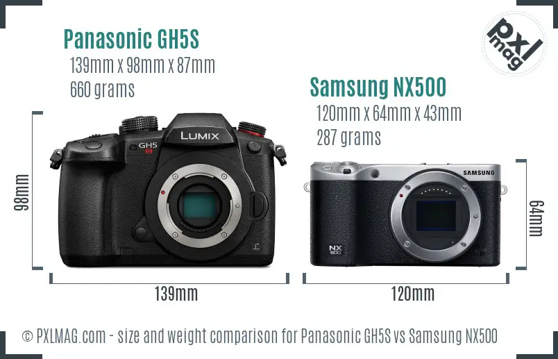 Panasonic GH5S vs Samsung NX500 size comparison