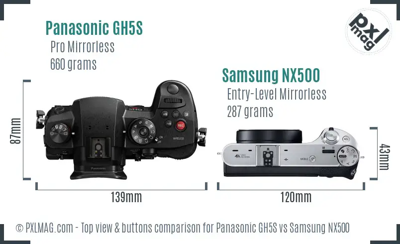 Panasonic GH5S vs Samsung NX500 top view buttons comparison