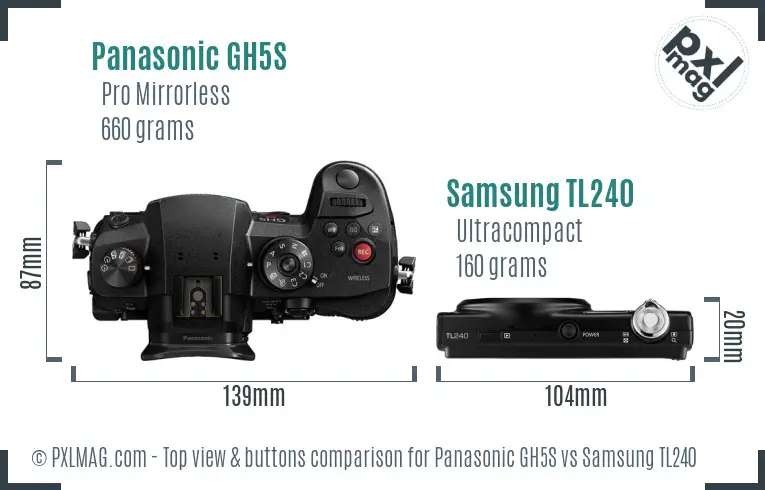 Panasonic GH5S vs Samsung TL240 top view buttons comparison Panasonic GH5S vs Samsung TL240 top view buttons comparison
