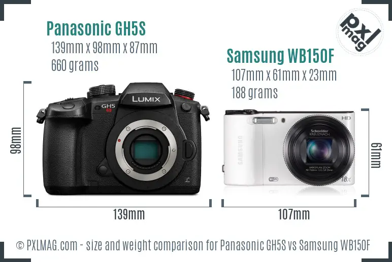 Panasonic GH5S vs Samsung WB150F size comparison