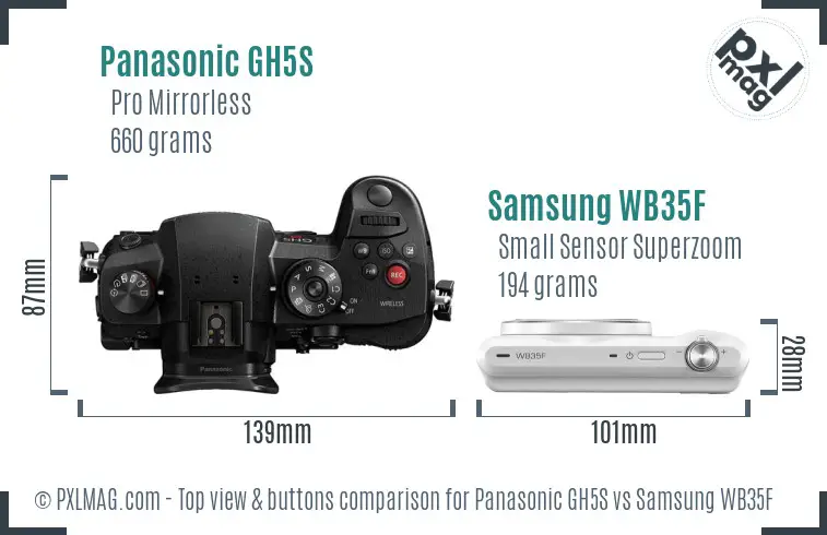 Panasonic GH5S vs Samsung WB35F top view buttons comparison Panasonic GH5S vs Samsung WB35F top view buttons comparison