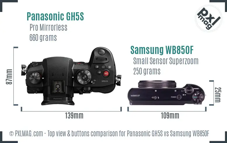 Panasonic GH5S vs Samsung WB850F top view buttons comparison Panasonic GH5S vs Samsung WB850F top view buttons comparison