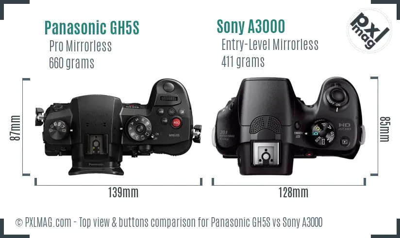 Panasonic GH5S vs Sony A3000 top view buttons comparison Panasonic GH5S vs Sony A3000 top view buttons comparison