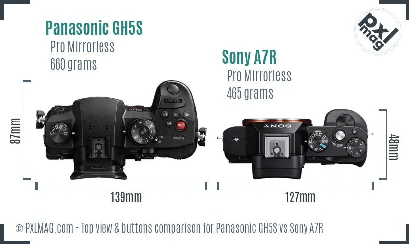 Panasonic GH5S vs Sony A7R top view buttons comparison Panasonic GH5S vs Sony A7R top view buttons comparison