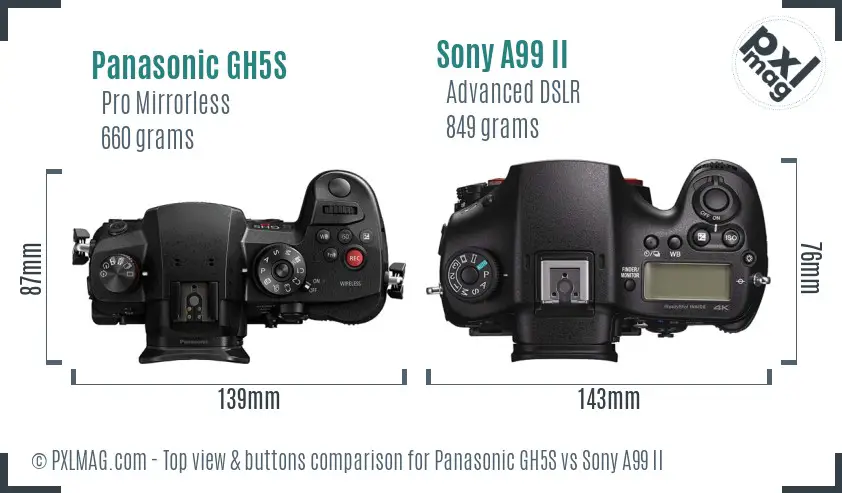 Panasonic GH5S vs Sony A99 II top view buttons comparison