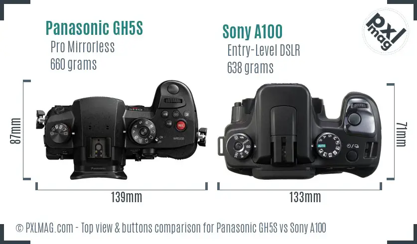 Panasonic GH5S vs Sony A100 top view buttons comparison
