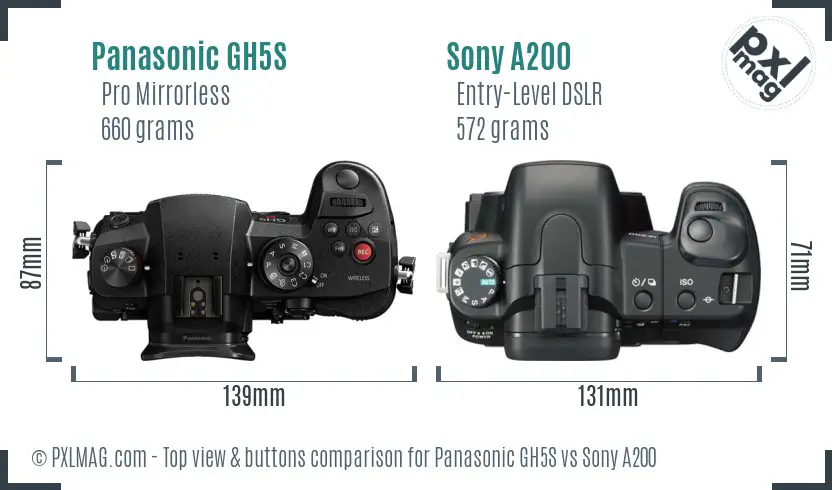 Panasonic GH5S vs Sony A200 top view buttons comparison