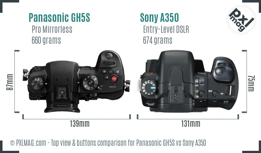 Panasonic GH5S vs Sony A350 top view buttons comparison
