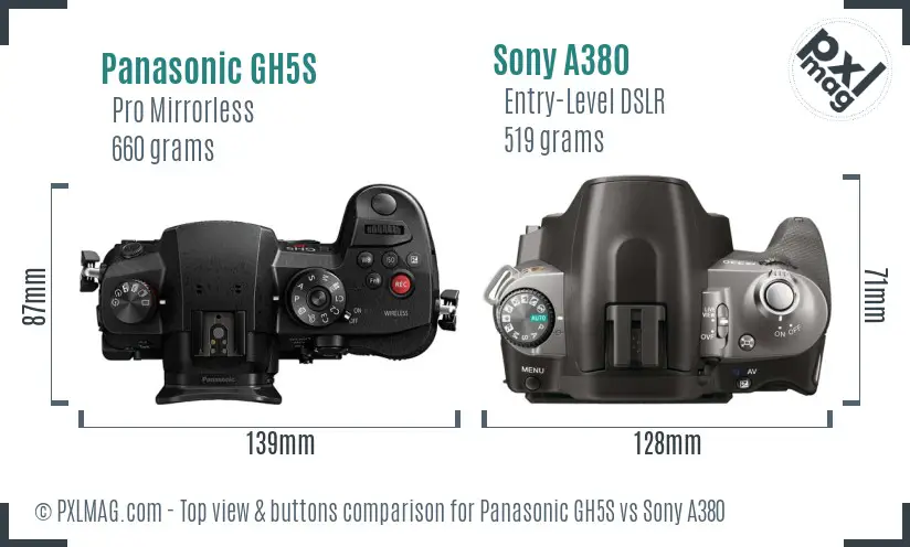 Panasonic GH5S vs Sony A380 top view buttons comparison