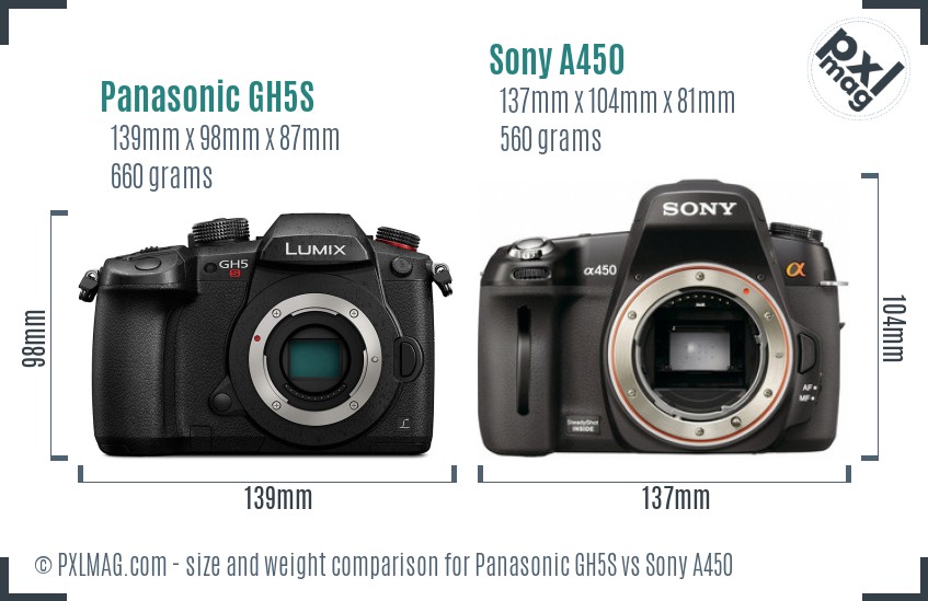 Panasonic GH5S vs Sony A450 size comparison