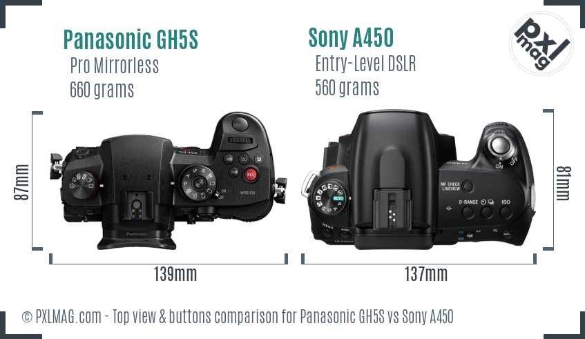 Panasonic GH5S vs Sony A450 top view buttons comparison